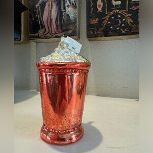 Neiman Marcus Mint Julep Holiday Ornament Glass 3.5 in Orange Glitter Poland NWT